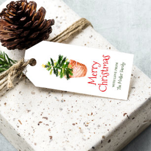 Merry Christmas tree basket green watercolor Gift Tags