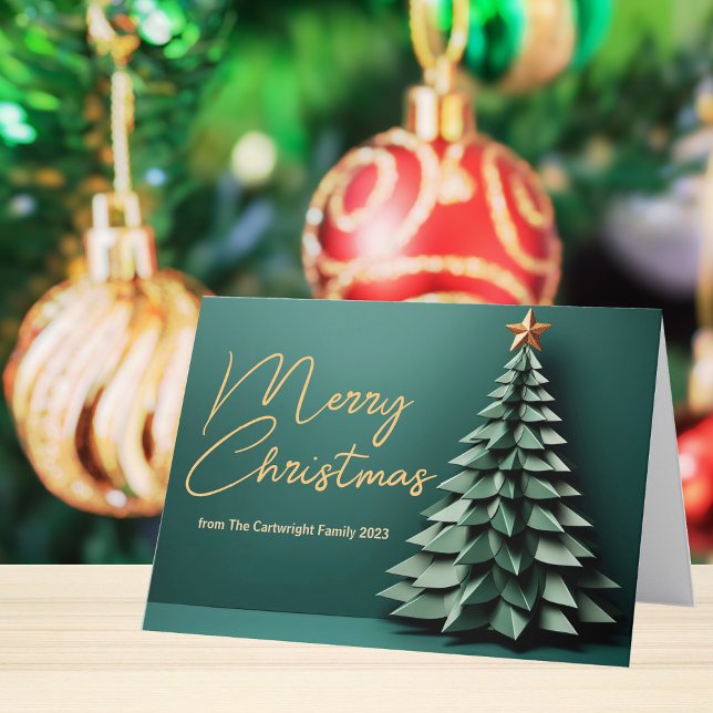 Merry Christmas Tree Beautiful Gold Green Folded Holiday Card (Creator Uploaded)