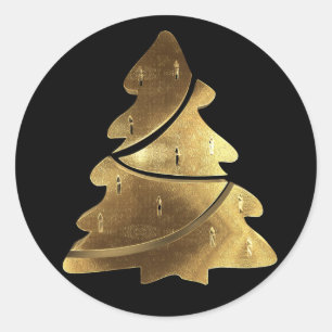 Merry Christmas Tree Black and Gold Elegant Classic Round Sticker