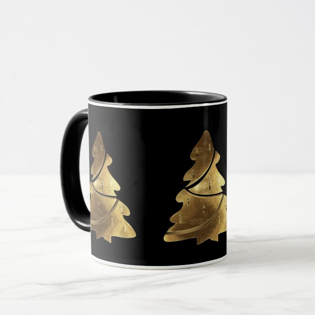 Merry Christmas Tree Black and Gold Look Elegant Mug (Front Left)