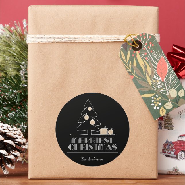 Merry Christmas Tree Black Classic Round Sticker (Holiday)