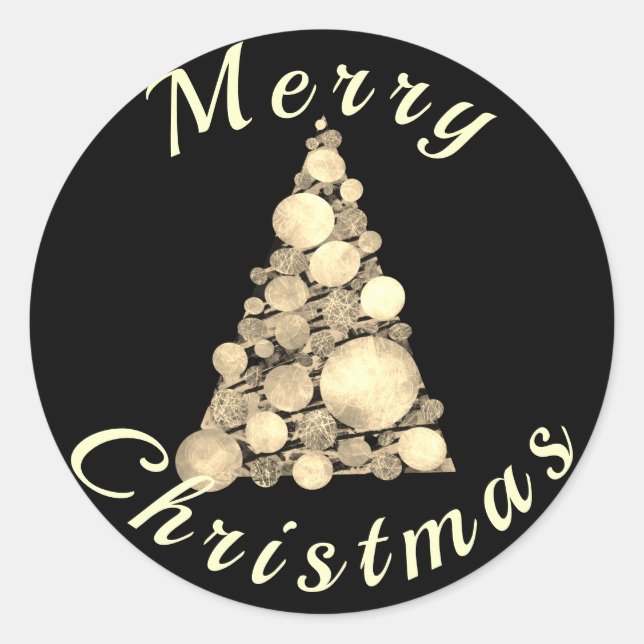 Merry Christmas Tree Black Classic Round Sticker (Front)