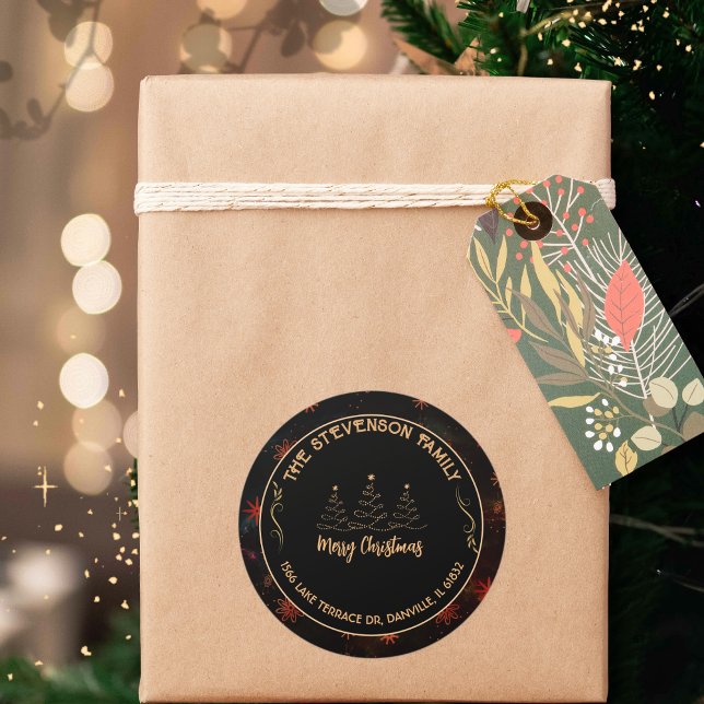 Merry Christmas Tree Black &Gold Festive Classic Round Sticker (Merry Christmas Tree Black &Gold Festive Classic Round Sticker )