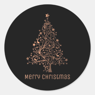Merry Christmas Tree Black Metallic Brown Copper Classic Round Sticker