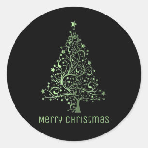 Merry Christmas Tree Black Metallic Green Classic Round Sticker
