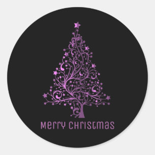 Merry Christmas Tree Black Metallic Pink Classic Round Sticker