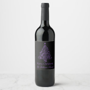 Merry Christmas Tree Black Metallic Purple Look Wine Label