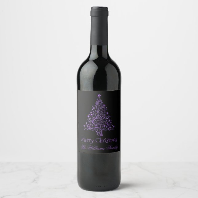 Merry Christmas Tree Black Metallic Purple Look Wine Label (Front)