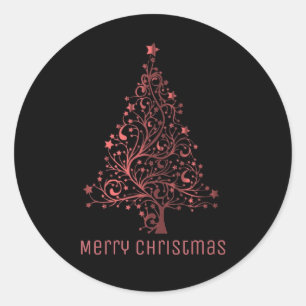 Merry Christmas Tree Black Metallic Red Look Classic Round Sticker