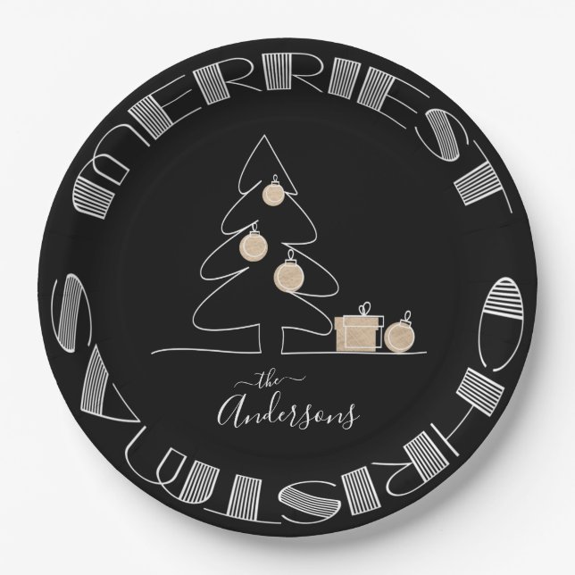 Merry Christmas Tree Black Paper Plate (Front)