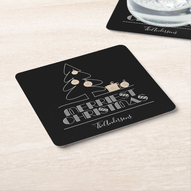 Merry Christmas Tree Black Square Paper Coaster (Angled)