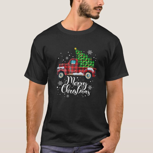 Merry Christmas Tree Buffalo Plaid Red Truck Premi T-Shirt (Front)