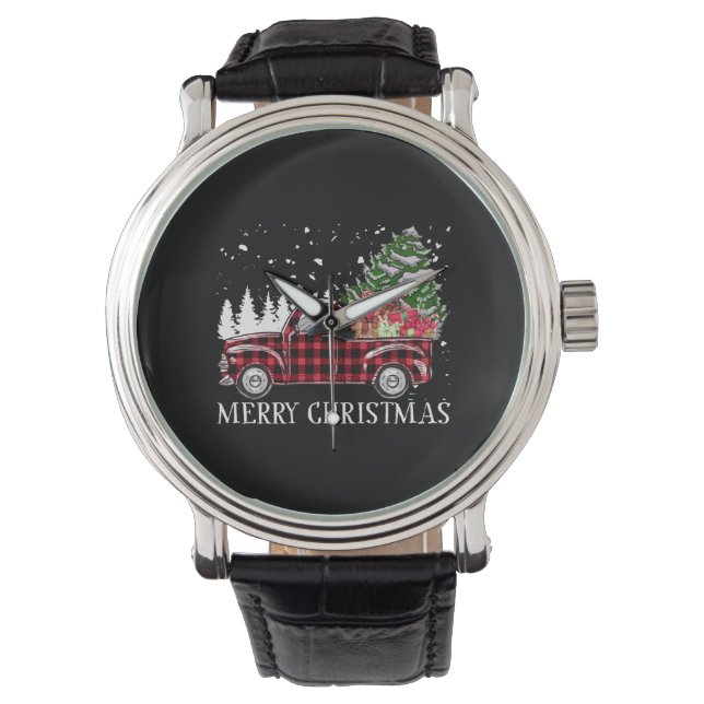 Merry Christmas Tree Buffalo Plaid Red Truck Watch (Front)