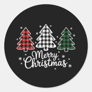 Merry Christmas Tree Buffalo Plaid Red White Green Classic Round Sticker