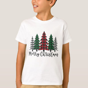 Merry Christmas Tree Buffalo Plaid Red White Green T-Shirt