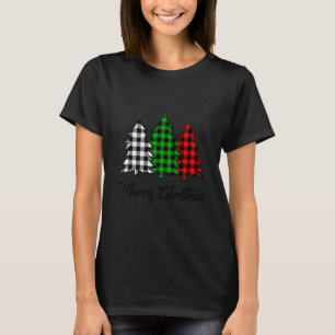Merry Christmas Tree Buffalo Plaid Red White Green T-Shirt