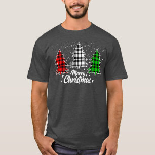 Merry Christmas Tree Buffalo Plaid Red White Green T-Shirt