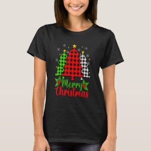 Merry Christmas Tree Buffalo Plaid Red White Green T-Shirt