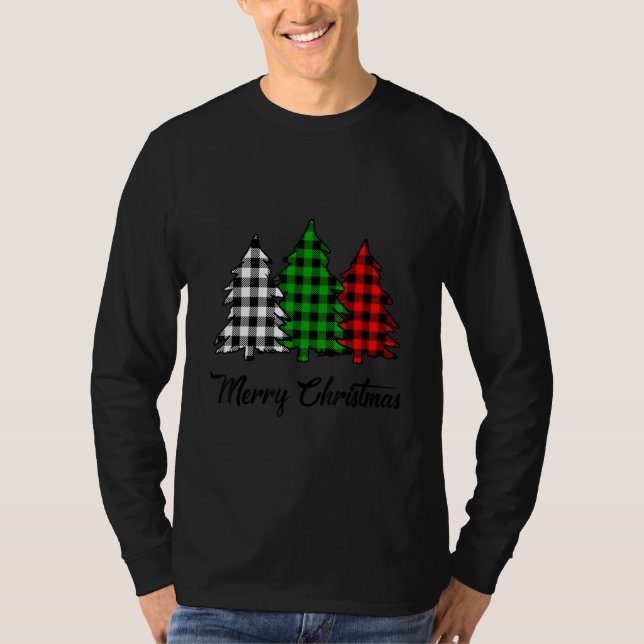 Merry Christmas Tree Buffalo Plaid Red White Green T-Shirt (Front)