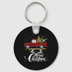 Merry Christmas Tree Buffalo Plaid Truck Family Gr Key Ring