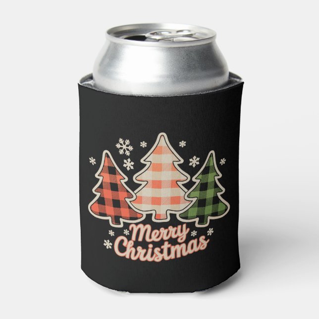 Merry Christmas Tree Buffalo Plaid Xmas Holiday Can Cooler (Can Front)