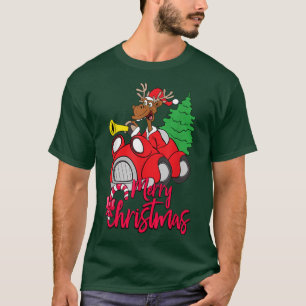 Merry Christmas Tree Car Holiday Funny Reindeer  T-Shirt