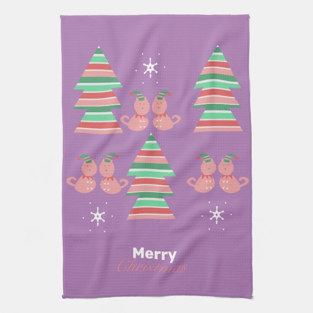 Merry Christmas Tree Cat Pattern Kitchen Towel (Vertical)