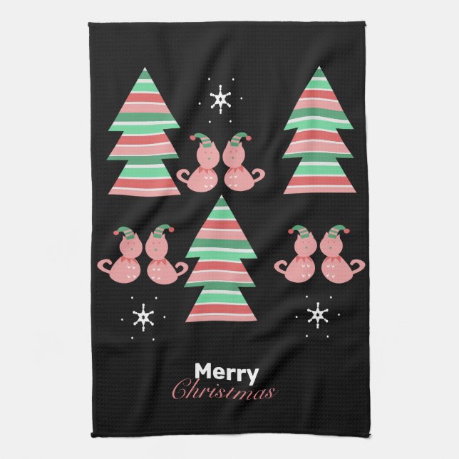Merry Christmas Tree Cat Pattern Tea Towel (Vertical)