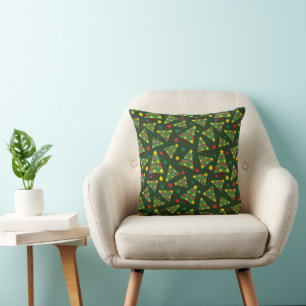 Merry Christmas Tree & Colourful Star Dark Green Cushion