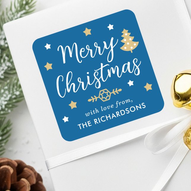 Merry Christmas Tree Custom Family Name Blue Square Sticker (Creator Uploaded)