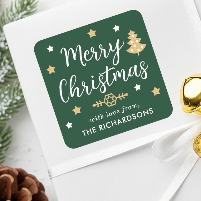 Merry Christmas Tree Custom Family Name Dark Green Square Sticker (Creator Uploaded)