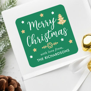 Merry Christmas Tree Custom Family Name Green Square Sticker