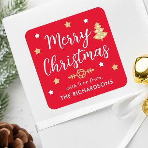 Merry Christmas Tree Custom Family Name Red Square Sticker