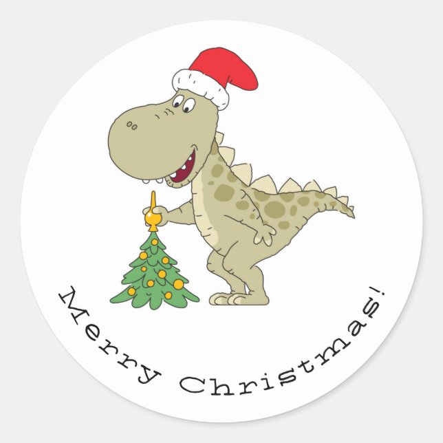 Merry Christmas Tree Cute Dinosaur Santa Hat Classic Round Sticker (Front)