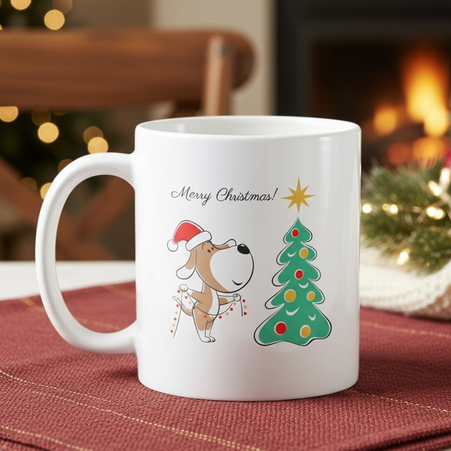 Merry Christmas Tree Cute Dog in Santa Hat Coffee Mug (Creator Uploaded)