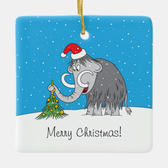 Merry Christmas Tree Cute Mammoth Santa Hat Ceramic Ornament (Front)