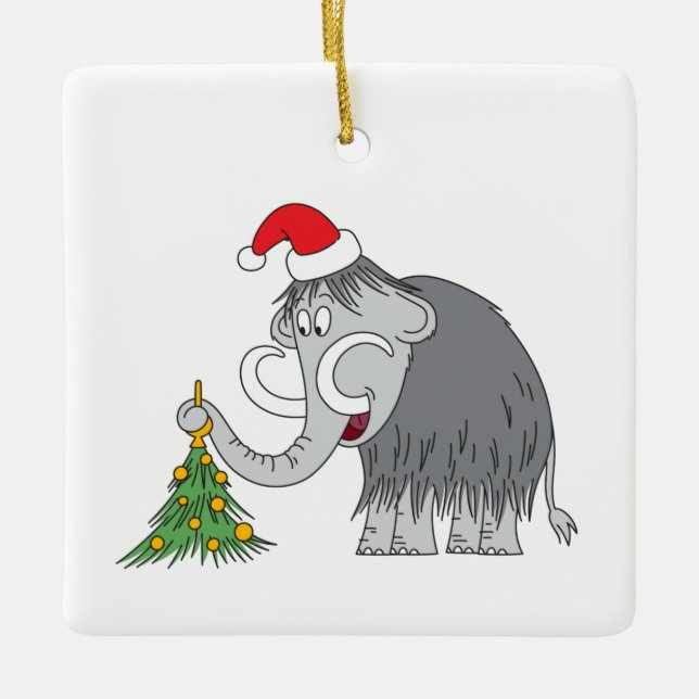 Merry Christmas Tree Cute Mammoth Santa Hat Ceramic Ornament (Front)