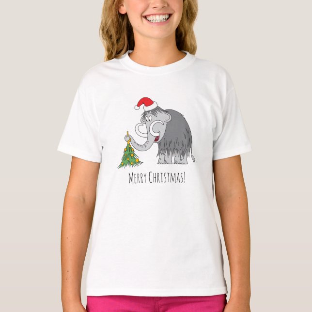 Merry Christmas Tree Cute Mammoth Santa Hat T-Shirt (Front)