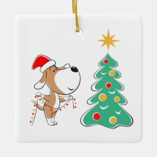 Merry Christmas Tree Cute Puppy Dog Santa Hat Cera Ceramic Ornament