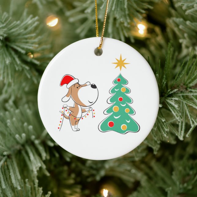 Merry Christmas Tree Cute Puppy Dog Santa Hat Ceramic Tree Decoration (Tree)