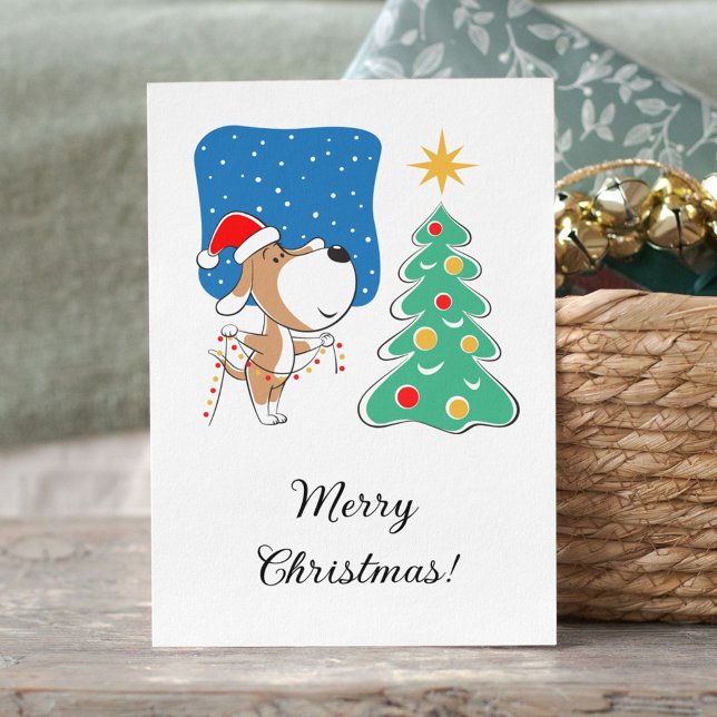 Merry Christmas Tree Cute Puppy Dog Santa Hat Holiday Postcard (Creator Uploaded)