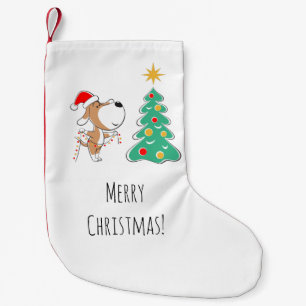 Merry Christmas Tree Cute Puppy Dog Santa Hat Small Christmas Stocking