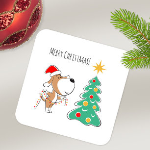 Merry Christmas Tree Cute Puppy Dog Santa Hat Square Sticker
