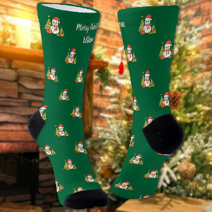 Merry Christmas Tree Cute Snowman Personalised Socks