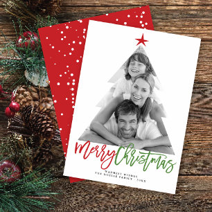 Merry Christmas Tree Cutout Brush Script Photo Holiday Card