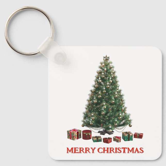 Merry Christmas. Tree (design 1) with gifts Key Ring (Front)