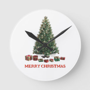 Merry Christmas. Tree (design 1) with gifts Round Clock