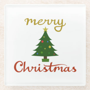 Merry Christmas+Tree Design Glass Coaster