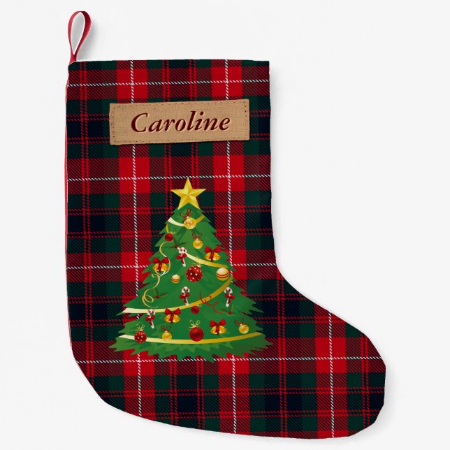 Merry Christmas Tree Fabric Scottish Plaid Tartan Small Christmas Stocking (Front)