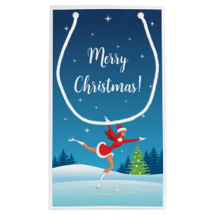 Merry Christmas Tree Figure Skating Girl Santa Hat Small Gift Bag